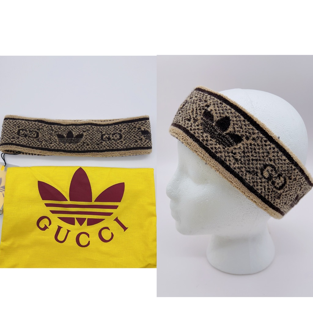 Nwt Adidas X Gucci Gg Trefoil Print Cotton Headband Size L (58cm) Brown/Beige